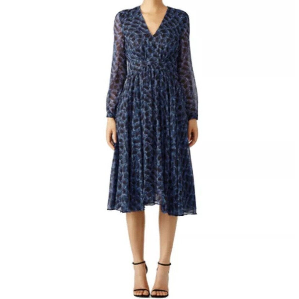 NWT $1995 Derek Lam Womens 6 Silk Midi Dress  Sheer Long Sleeve V-Neck Blue